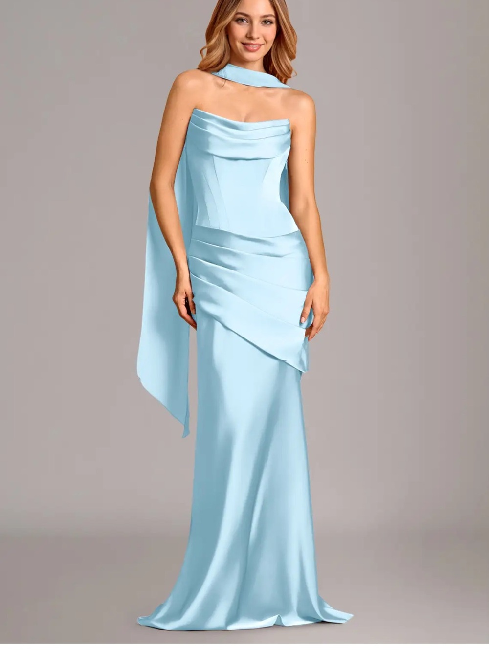 Azazie Light Blue Satin One-Shoulder Evening Gown